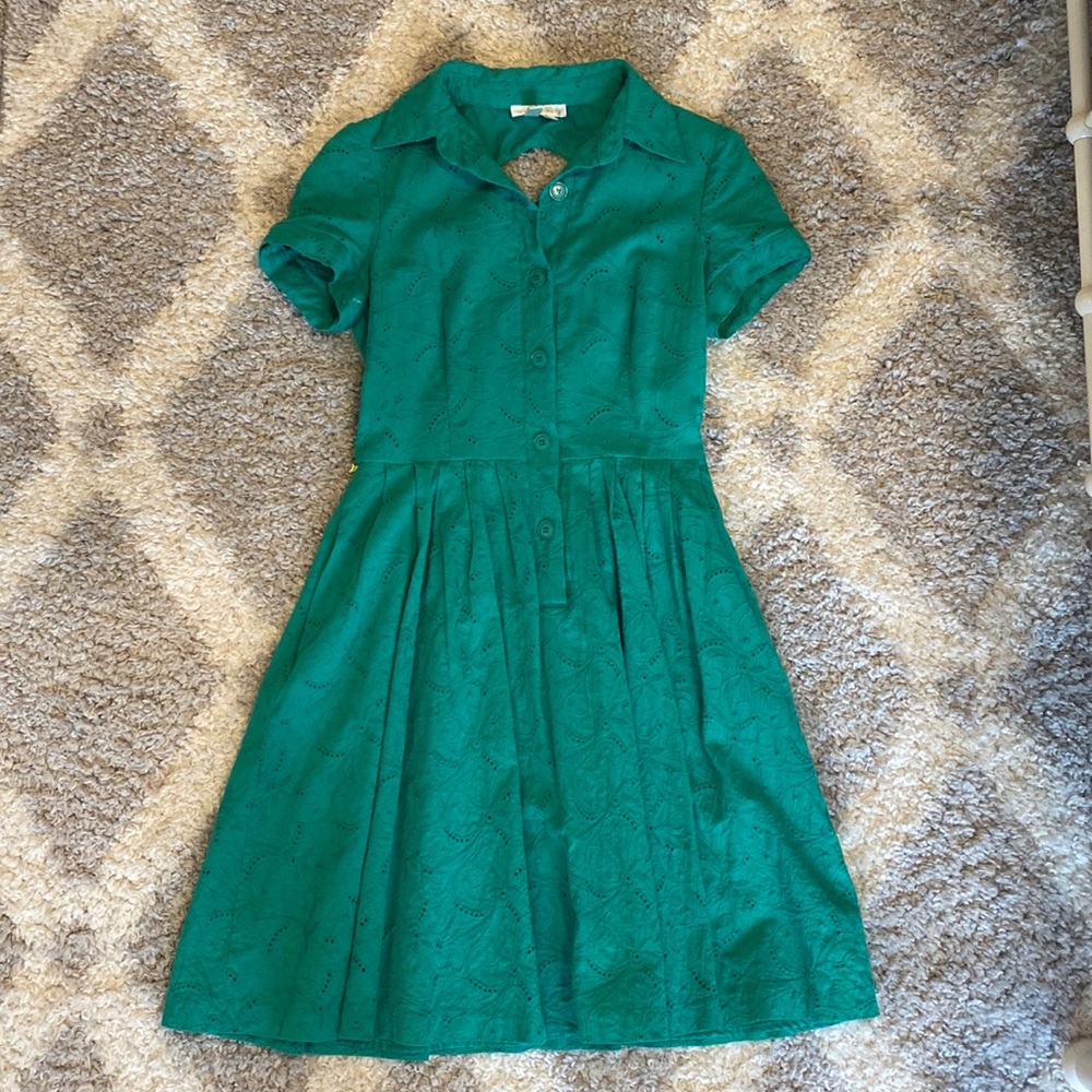 LONDON TIMES Kelly Green Cotton Eyelet Short Sleeve Back Cutout Shirt Dress
